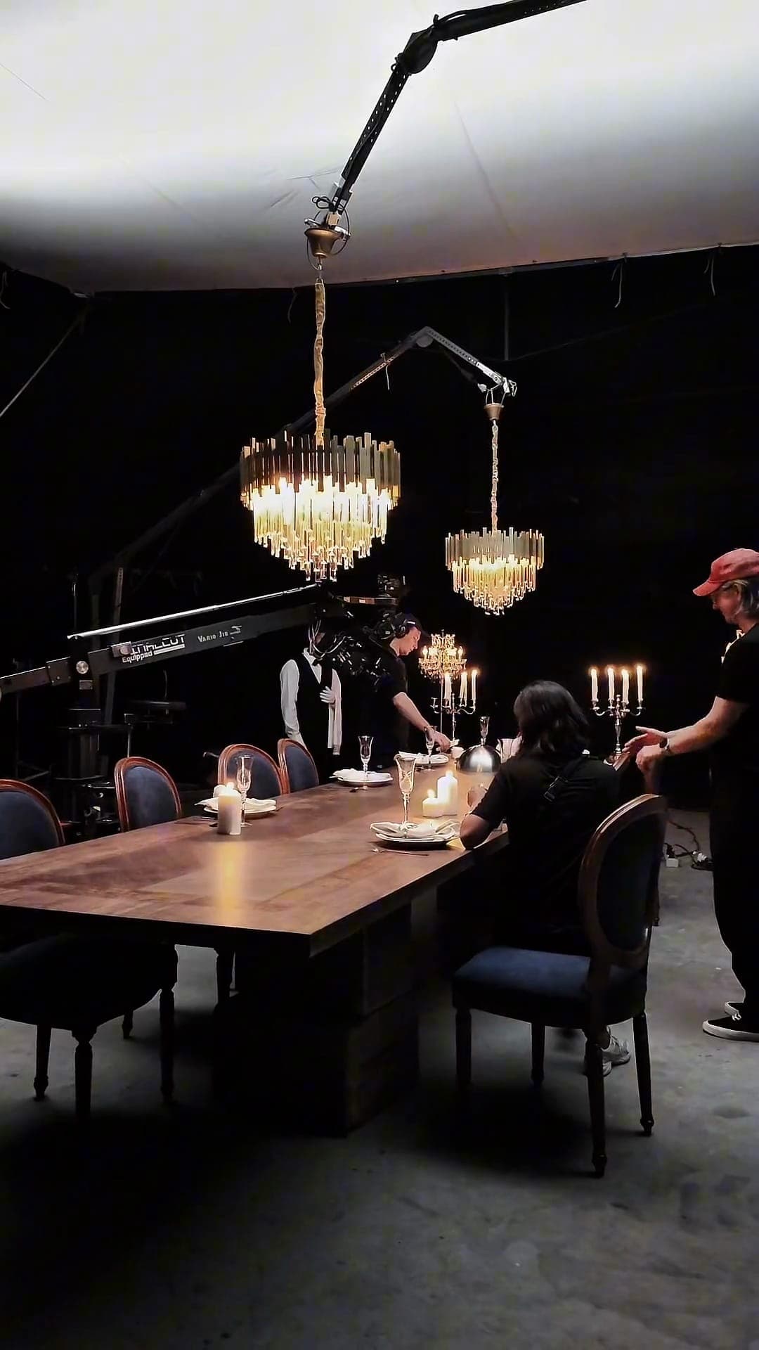 Night interior set dressed for a dinner scene