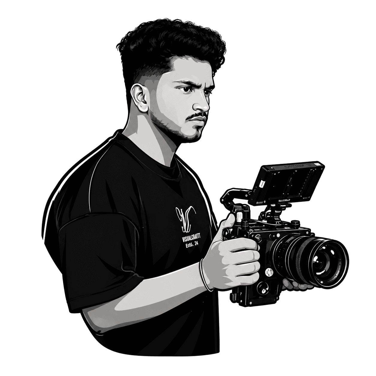 Illustrated portrait of Mohammed Sinan holding a cinema camera